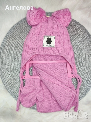 Зимен комплект шапка, шал и ръкавички за момиче зайче 0-18м, снимка 4 - Бебешки шапки - 38558547