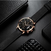 Страхотен черен мъжки часовник с кожена каишка и датопоказател. Нов, снимка 1 - Мъжки - 42976195