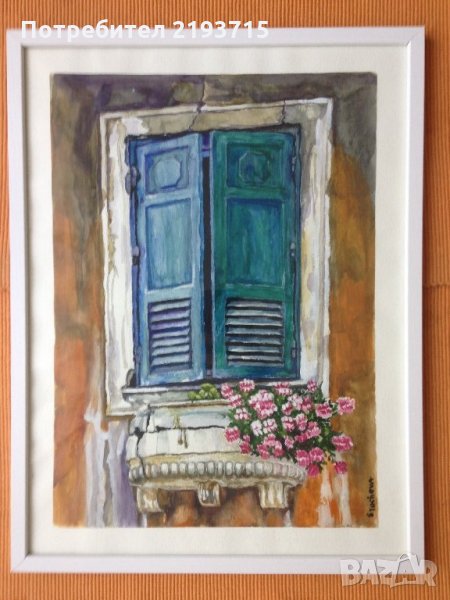 #венеция #оригиналнакартина #ценабомба Син Средновековен прозорец с мраморна саксия и оранжева стена, снимка 1