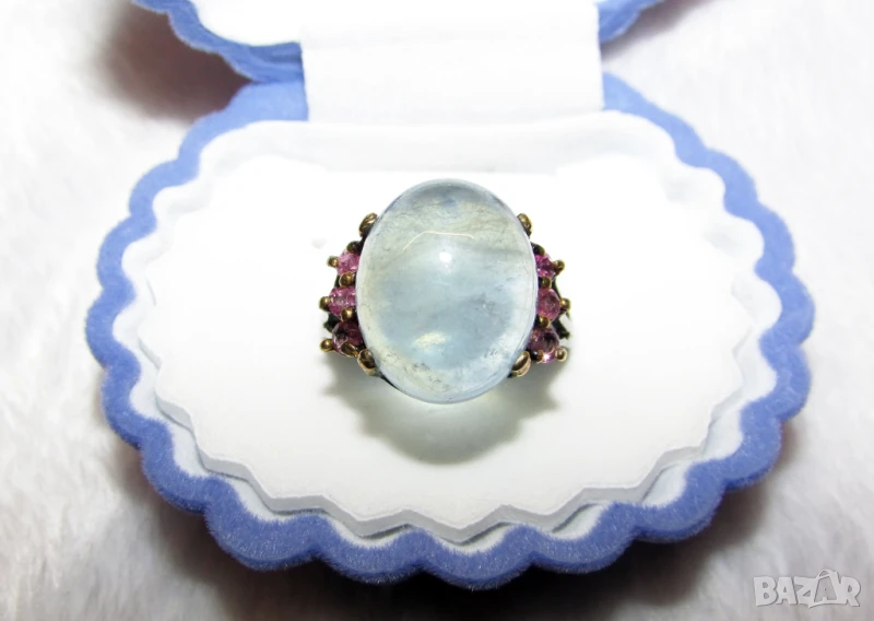 925 сребърен пръстен с родиево покритие и аквамарин 12 карата, снимка 1