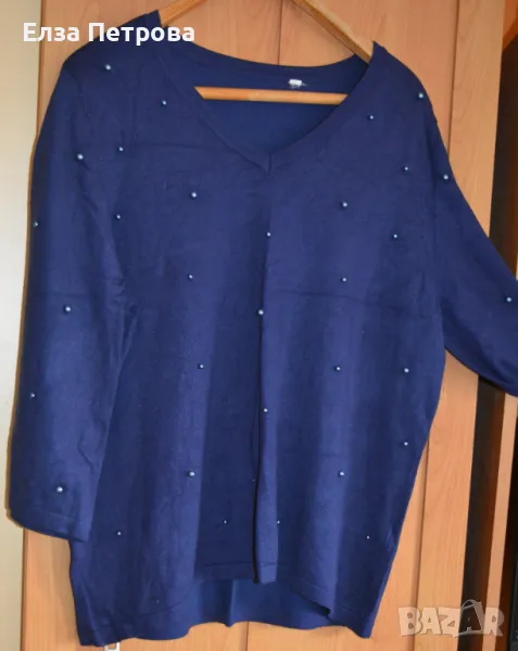 Блуза дамска тъмносиня с перли и три четвърт ръкав 2XL÷3XL, снимка 1