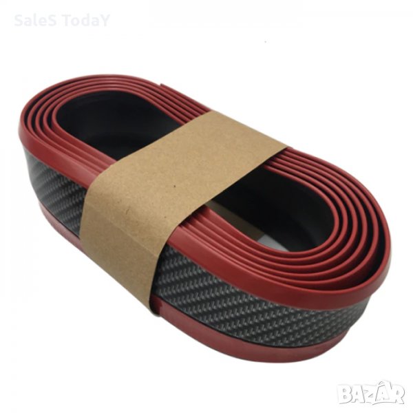 Лип спойлер за прагове и брони, универсален 2,5м., черен карбон с червена лента, снимка 1