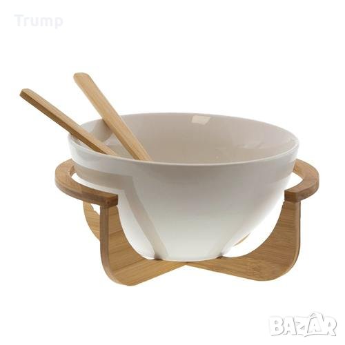 Купа за салата с бамбукови поставка и бамбукови прибори, снимка 1
