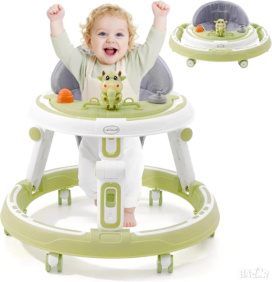 Регулируема бебешка проходилка 3в1, сгъваема, ергономична, зелена, снимка 1