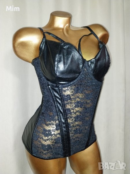 XL С/D Черен корсет от кожа и дантела , снимка 1