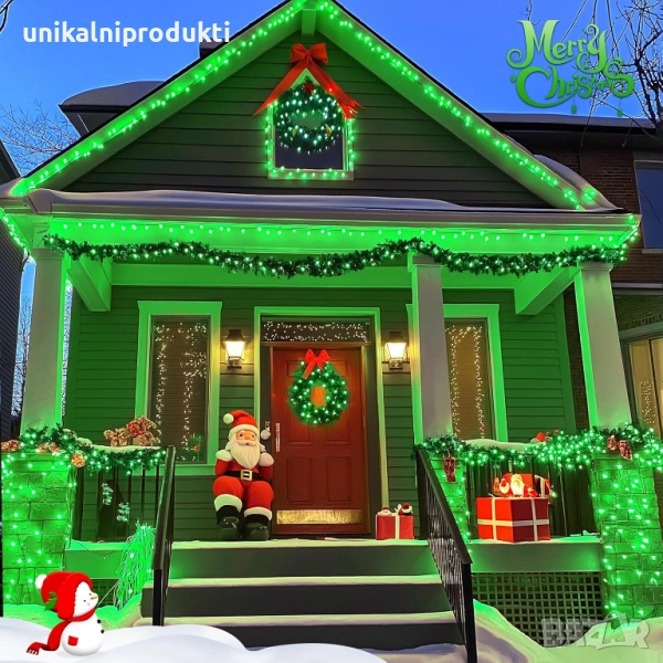 Коледни лампички въже 18м 200 LED студено зелени IP защита 8 програми, снимка 1