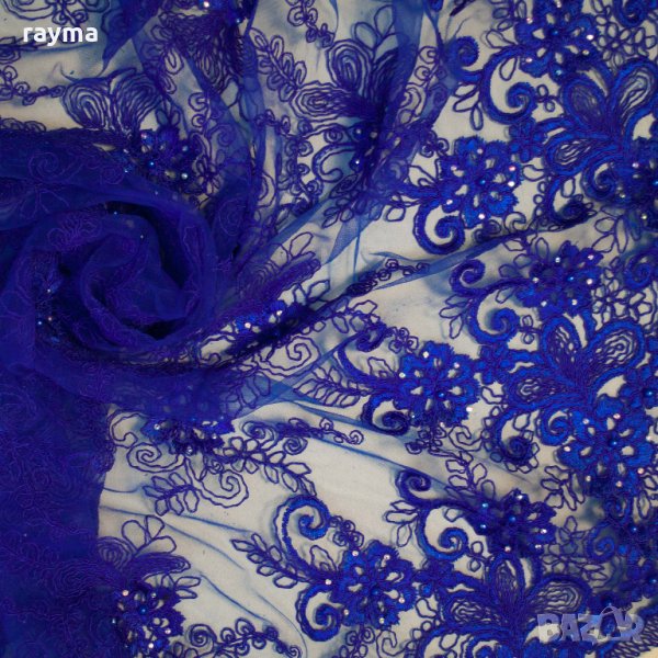 Плат дантела Armani с камъни и перлички цвят турско синьо синьо, снимка 1