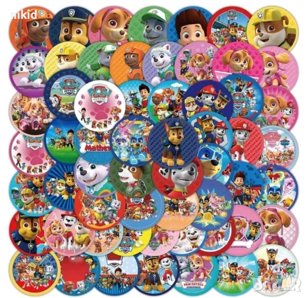 60 бр Пес Патрул Patrol кръгли самозалепващи лепенки стикери за украса декор картонена торта ръчна, снимка 1