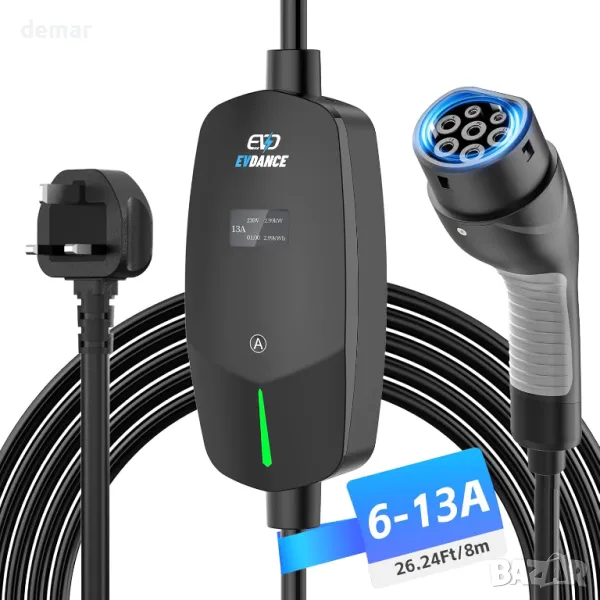 EVDANCE EV зарядно тип 2, 8 метра, 6/8/10/13A, регулируем ток, IP66, снимка 1