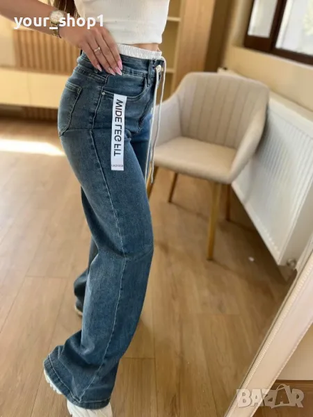 Дънки чарлстон с ефектен бял ластик mom fit, снимка 1