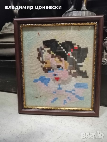 Ръчно ушит гоблен Дете с шапка, Стара картина, снимка 1