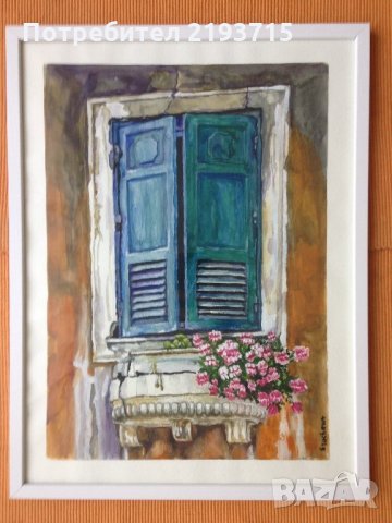 #венеция #оригиналнакартина #ценабомба Син Средновековен прозорец с мраморна саксия и оранжева стена, снимка 1 - Картини - 27090075