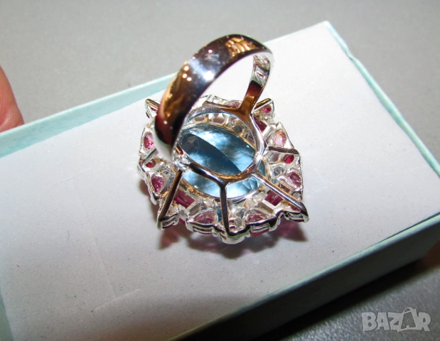 Сребърен пръстен с натурален син топаз 37 карата, снимка 4 - Пръстени - 53498060