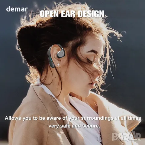 Bluetooth слушалка с микрофон, единична, отворено външно ухо, въздушна костна проводимост, с кука, снимка 4 - Безжични слушалки - 47991905