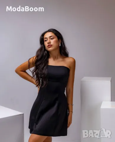 Къса черна дамска рокля | без рамене , снимка 2 - Рокли - 47531514