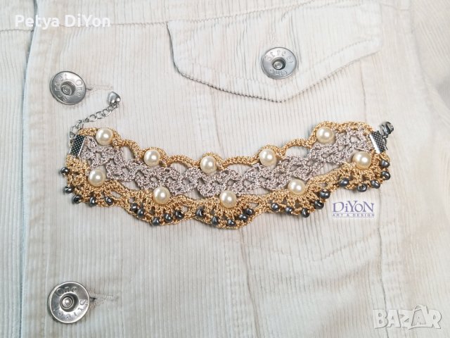 Луксозна гривна маншет плетена дантела с перли в златисто, снимка 2 - Гривни - 38150556