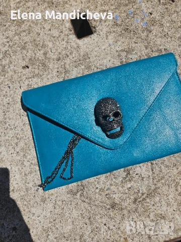 8лв Чанта клъч тюркоазен цвят с блестящ череп Филип Плейн Philipp Plein модел, снимка 4 - Чанти - 50706285