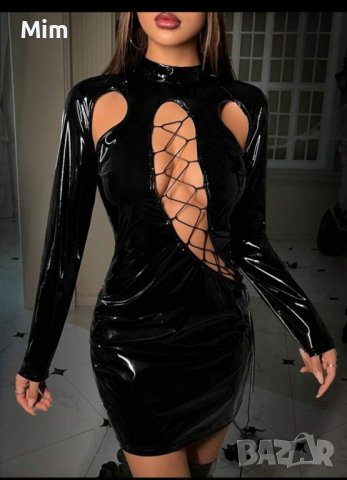  L Черна  рокля от лак / винил /, снимка 1 - Рокли - 43120476