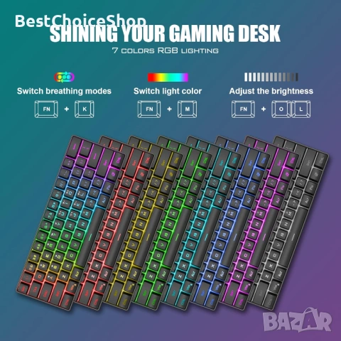 Комплект безжична геймърска клавиатура и мишка RedThunder K62, 60%, презареждаща се, многоцветна, снимка 7 - Клавиатури и мишки - 53517824