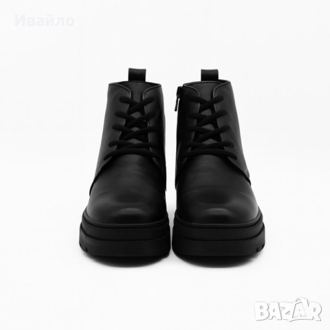 Дамски черни боти от естествена кожа с цип, връзки и грайферна подметка, снимка 2 - Дамски боти - 52203175