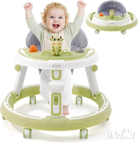 Регулируема бебешка проходилка 3в1, сгъваема, ергономична, зелена