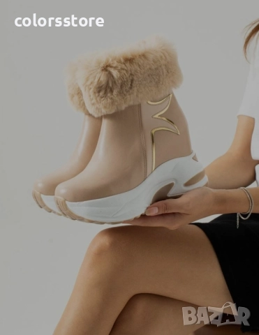 Боти на платформа - бежова кожа с пух - BH2025 , снимка 2 - Дамски боти - 52228286