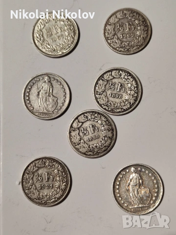 Лот 7х швейцарски франкове, различни години - 1/2 франк