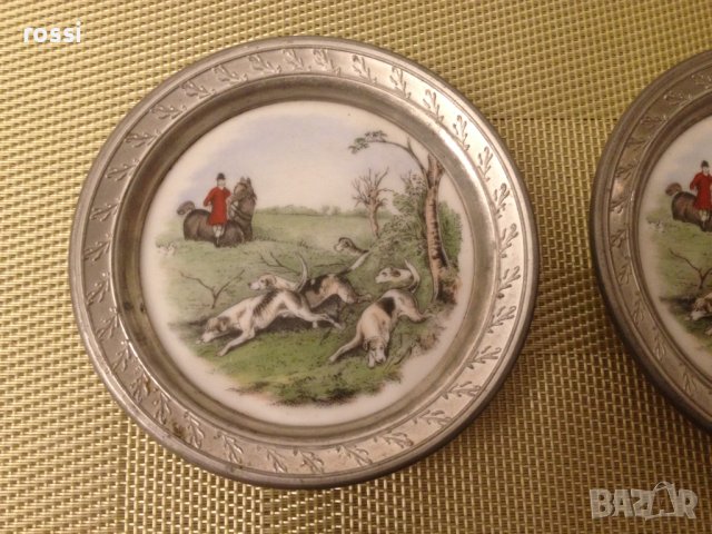 Нови! Старинни немски чинии ловна тематика рисуван порцелан и калай, чиния чинийки, снимка 4 - Антикварни и старинни предмети - 43170636