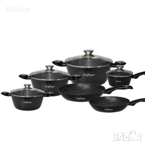 Комплект съдове за готвене Cheffinger от лят алуминий с мраморно покритие – 10 части, снимка 12 - Други - 53427460