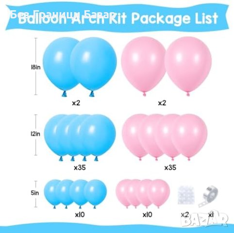 Нов луксозен комплект Розово и Синьо Балони Арка Комплект 94 броя Декорация украса, снимка 5 - Други - 43568296