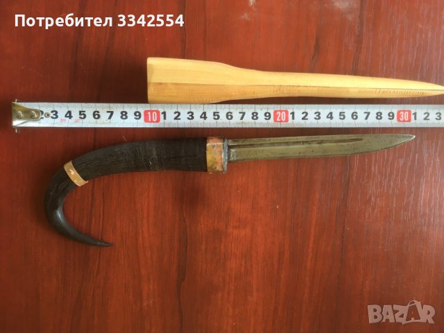 НОЖ ОСТРИЕ С ДРЪЖКА ОТ РОГ НА ДИВА КОЗА И ДЪРВЕНА КАНИЯ, снимка 4 - Други ценни предмети - 37095104