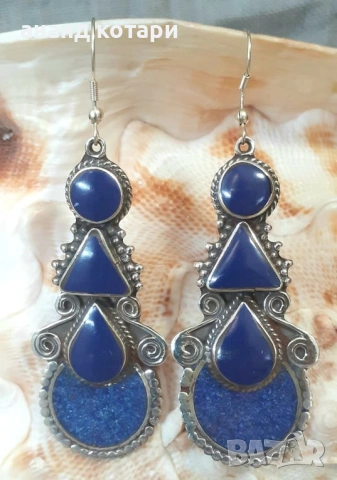 Висящи обеци от Тибет - тюркоаз, лазурит, малахит, снимка 3 - Обеци - 39148038