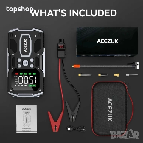 НОВА ACEZUK Стартерна батерия с пикова мощност 26800 mAh 6000 A, компресор 150 PSI, 4-в-1 с дисплей, снимка 8 - Аксесоари и консумативи - 51598053