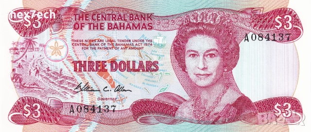 ❤️ ⭐ Бахамски острови 1984 3 долара UNC нова ⭐ ❤️, снимка 2 - Нумизматика и бонистика - 52222066