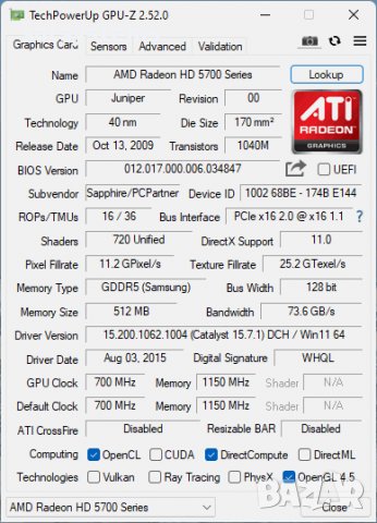 Видео карта AMD Radeon Sapphire HD 5750 512MB GDDR5 128bit PCI-E, снимка 9 - Видеокарти - 39884093