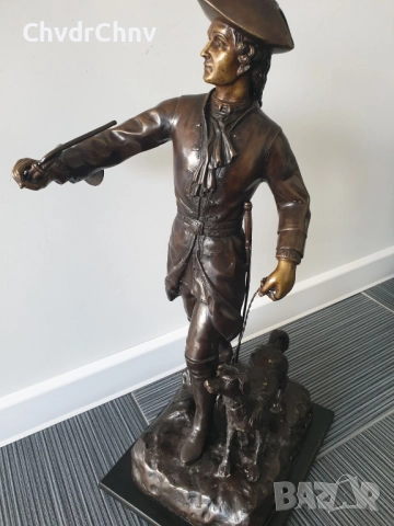 65см-12кг статуетка/стара английска бронзова скулптура/голяма фигура на ловец с куче, снимка 2 - Статуетки - 52755927