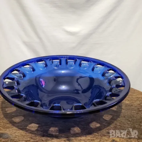 Голяма декоративна ретро кобалтово синя художествена стъклена купа Германия 🇩🇪