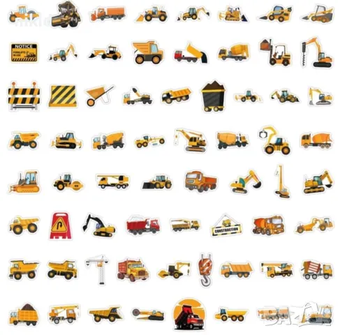50 бр Багер Камион строителни машини самозалепващи лепенки стикери за украса декор картонена торта, снимка 6 - Други - 46564754