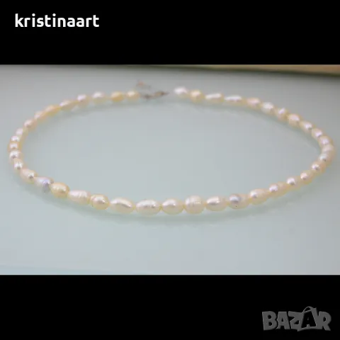 Колие от естествени бели перли тип ориз,47см, снимка 4 - Колиета, медальони, синджири - 49011093