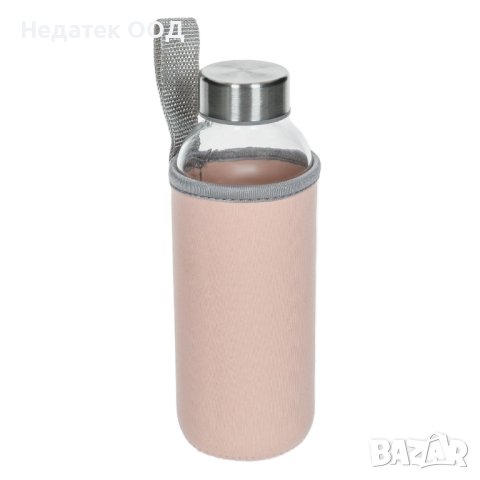 Стъклена бутилка за тренировки с текстилна кутия розова и дръжка 380 мл