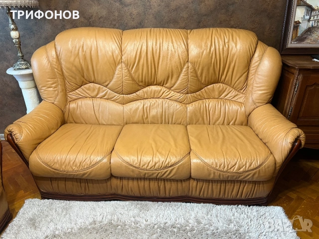 Кожен диван с два фотьойла, снимка 2 - Дивани и мека мебел - 53221595