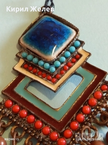 Изящна Тибетска висулка с емайл тюркоаз и корал мъниста АРТ БИЖУ 52214, снимка 4 - Други - 52547634