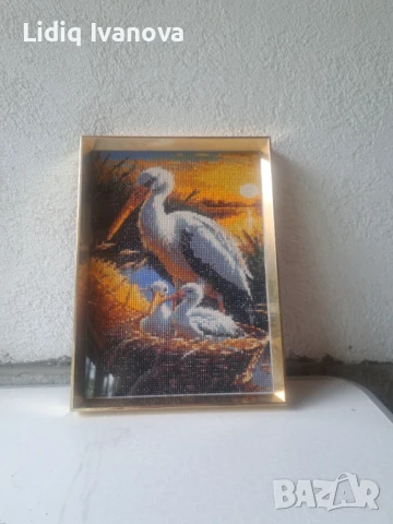 Диамантен гоблен щъркел-готов и рамкиран, снимка 2 - Гоблени - 50444260