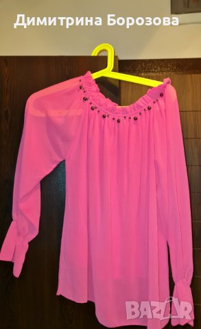 Розова блузка с паднало рамо, снимка 3 - Блузи с дълъг ръкав и пуловери - 40157691
