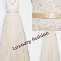 Сватбена/Булчинска рокля.Luxuary fashion-шампанско. Многопластова, страничен цип, елегантна бродерия, снимка 1 - Рокли - 43158586