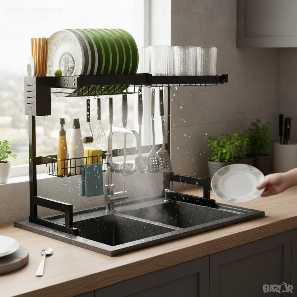 Двуетажен сушилник за съдове с поставка за дъска за рязане, снимка 1