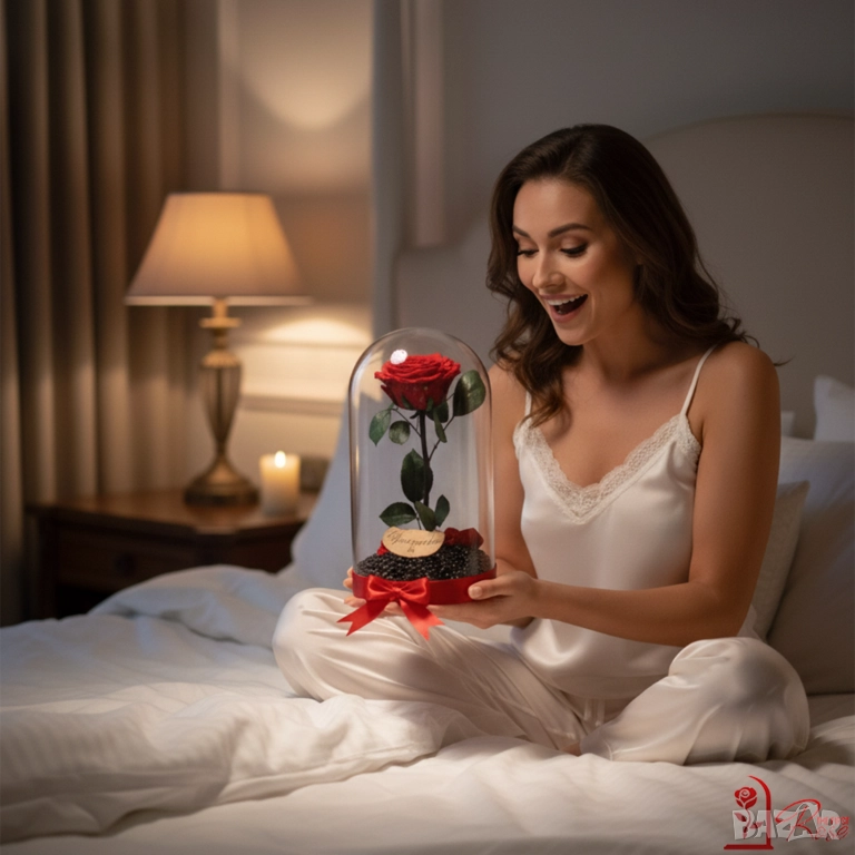 Естествена Вечна Роза в Голяма Стъкленица - Оригинален и Персонализиран Коледен Подарък за Жена, снимка 1