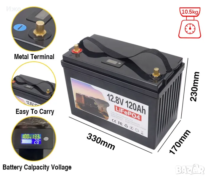 lifepo4 Акумулатор за соларна система12 волта 120ah БЕЗПЛАТНА ДОСТАВКА.РЕАЛНО ИЗМЕРЕН КАПАЦИТЕТ., снимка 1