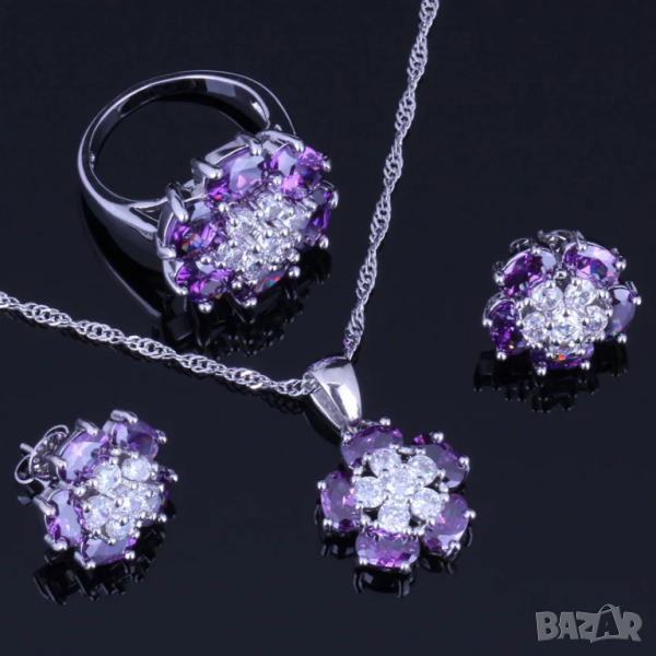 Сребърен комплект цвете със сапфири, снимка 1