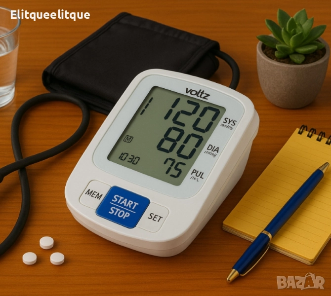Апарат за кръвно налягане Voltz, Маншет, 2х90 позиции памет, LCD дисплей, Бял, снимка 1
